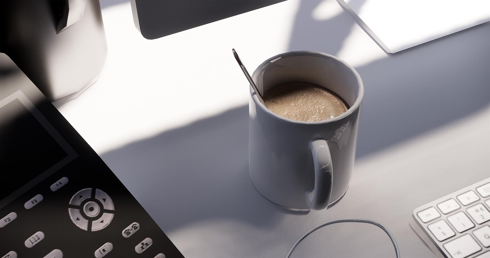 Coffee cup has a reflective spoon and liquid in it