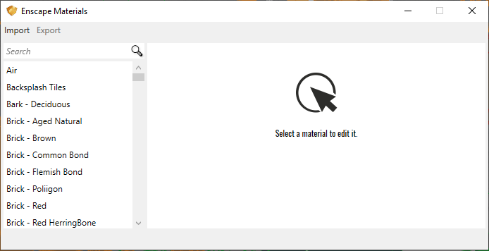 The Enscape Material Editor with no selected material